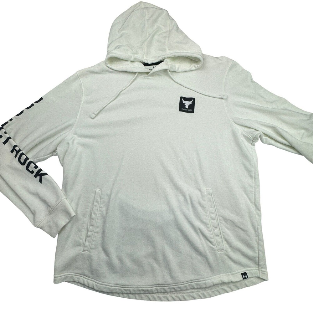 Under Armour Project Rock White Hoodie Pullover with Black Logo